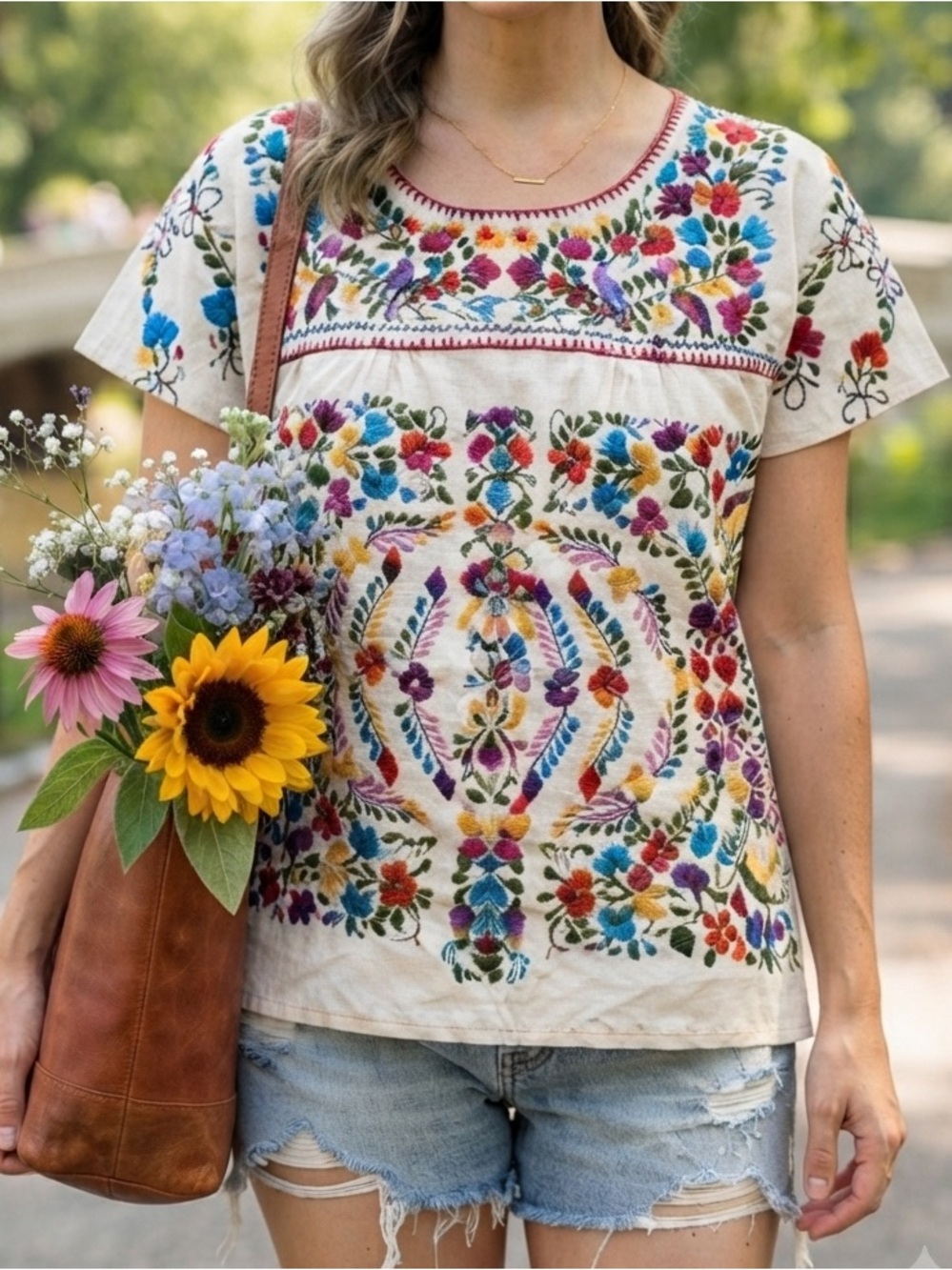 Handmade Mexican Embroidered Blouse Floral Boho Peasant Top Colorful Artisan S